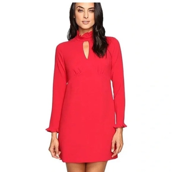 Shoshanna Melody Dress Ruby Red High Neck Long Sleeve Ruffle Neck Dress Sz 6 - Picture 1 of 16